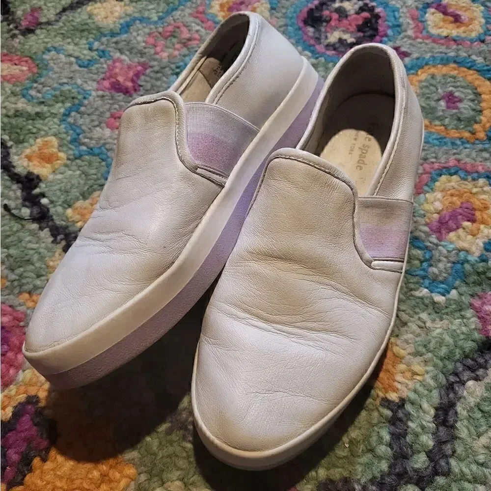 Kate Spade Sandy Leather Slip On Sneakers White Purple 7.5